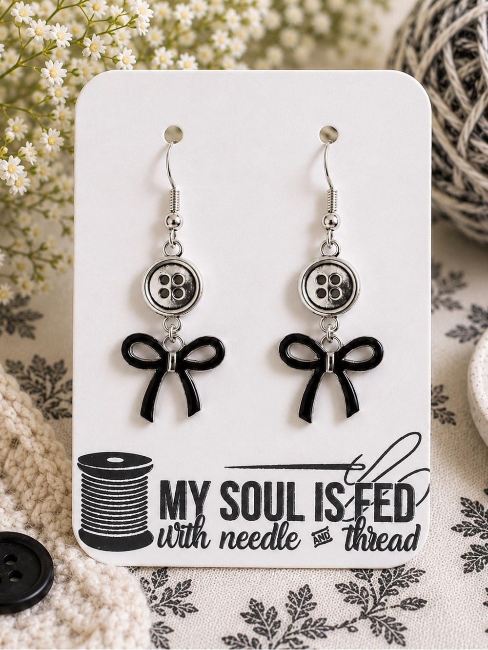 New Handmade Silver-Tone Button and Black Bow Charm Dangle Earrings